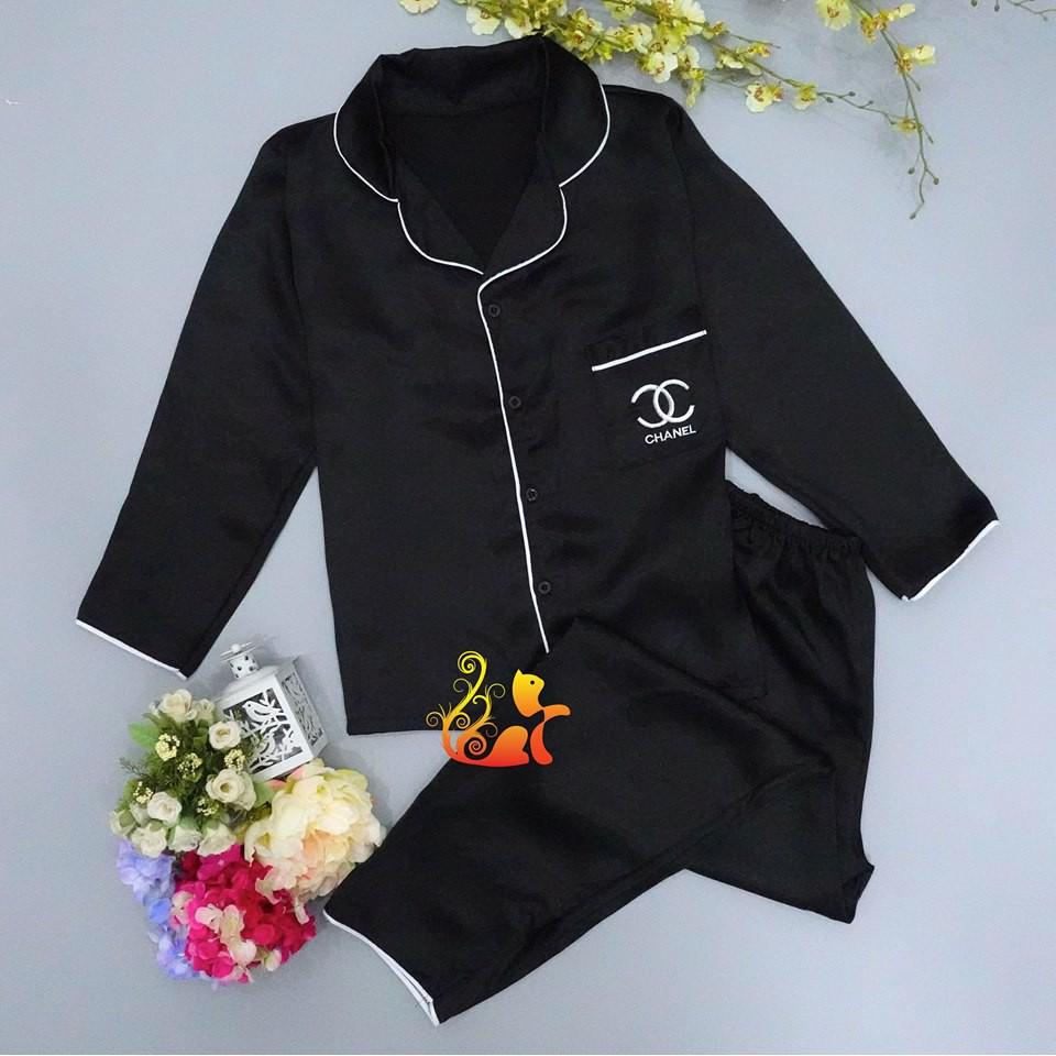Đồ bộ Pijama Phi Lụa Viền " Thêu Chữ " tay dài cao cấp - Dưới 60kg