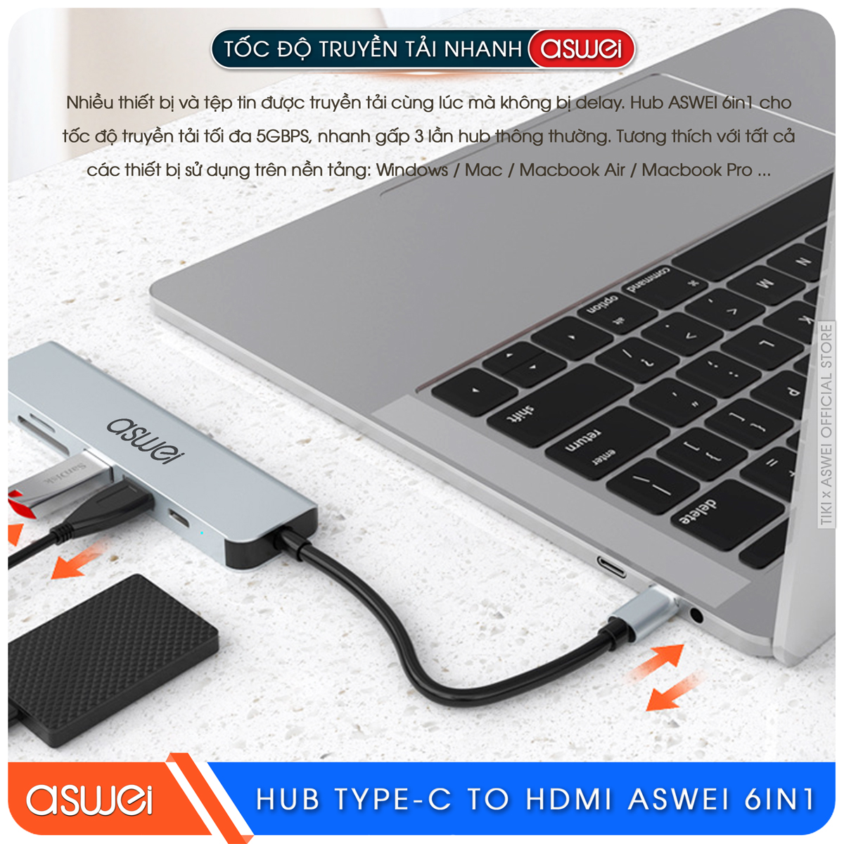 Hub Type C ASWEI 6 in 1 To HDMI, USB 3.0, SD, TF, PD 100W - Hàng Chính Hãng