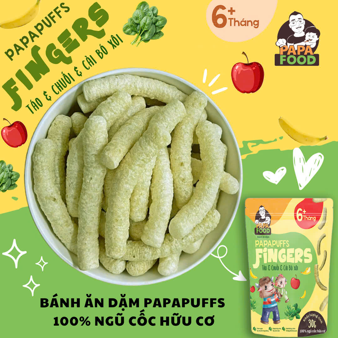 Bánh ăn dặm PAPAFOOD PAPAPUFFS Chuối &amp; Táo &amp; Cải Bó Xôi - 100% Ngũ Cố Hữu Cơ - Gói 30G
