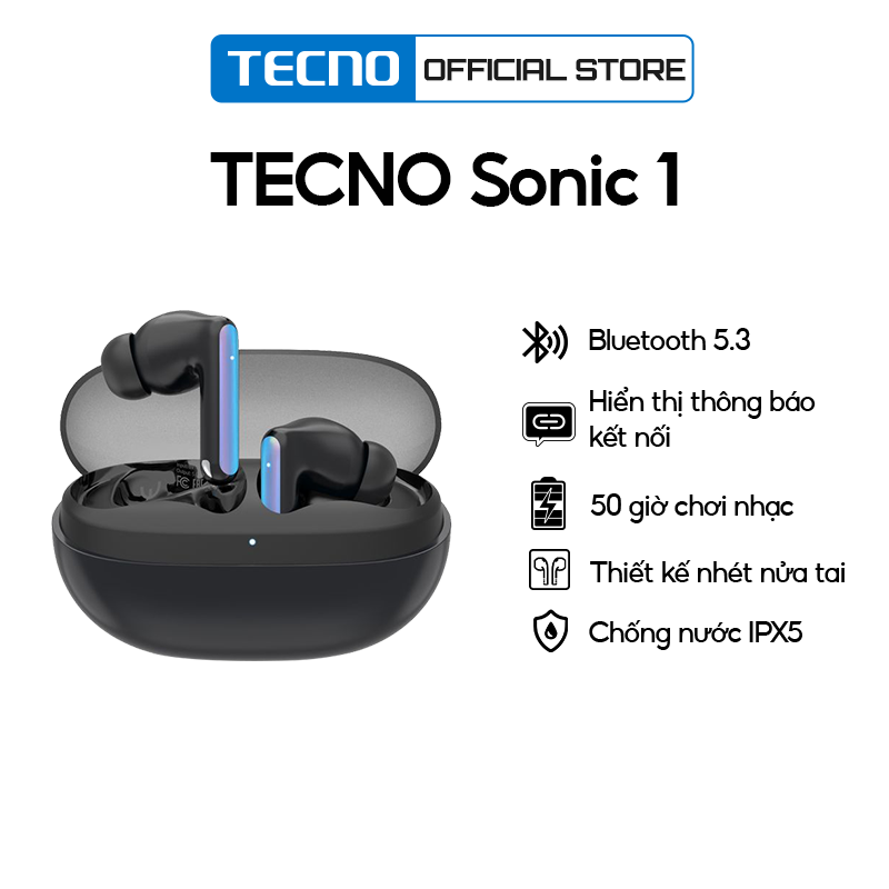 Tai nghe Tecno Sonic 1 | Bluetooth 5.3 | Chống nước IPX5 | 50 giờ chơi nhạc | - Hàng chính hãng