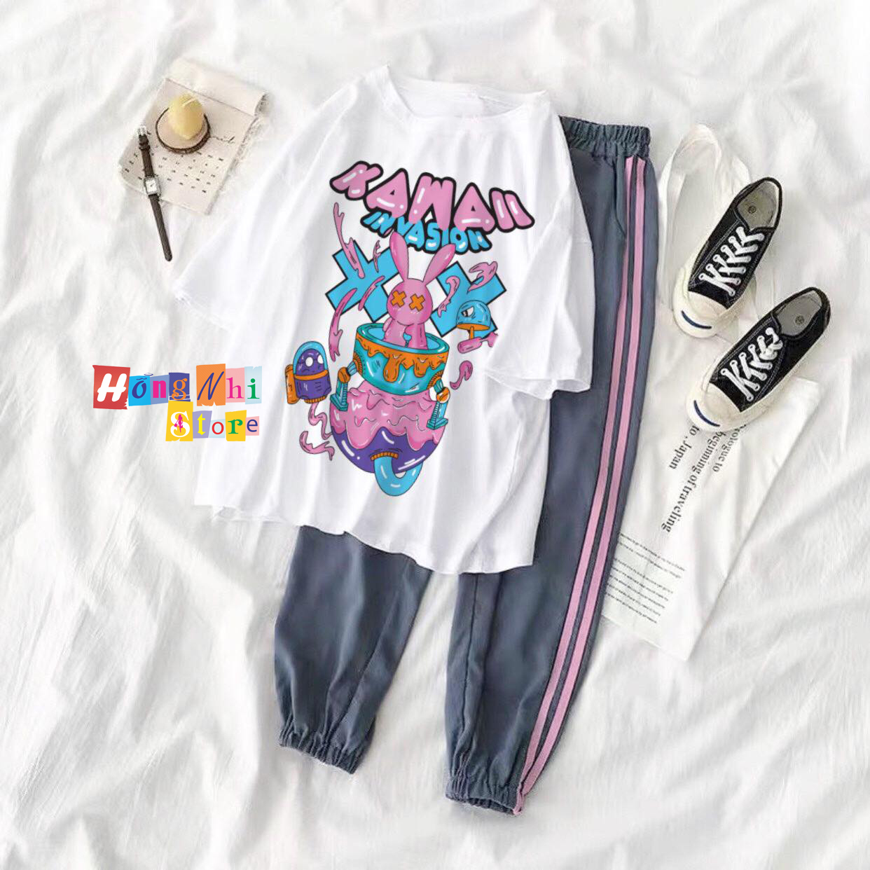 Quần Jogger Line Unisex Lưng Thun 2 Sọc Bo Lai Dáng Rộng Màu Xám Sọc Hồng - MM