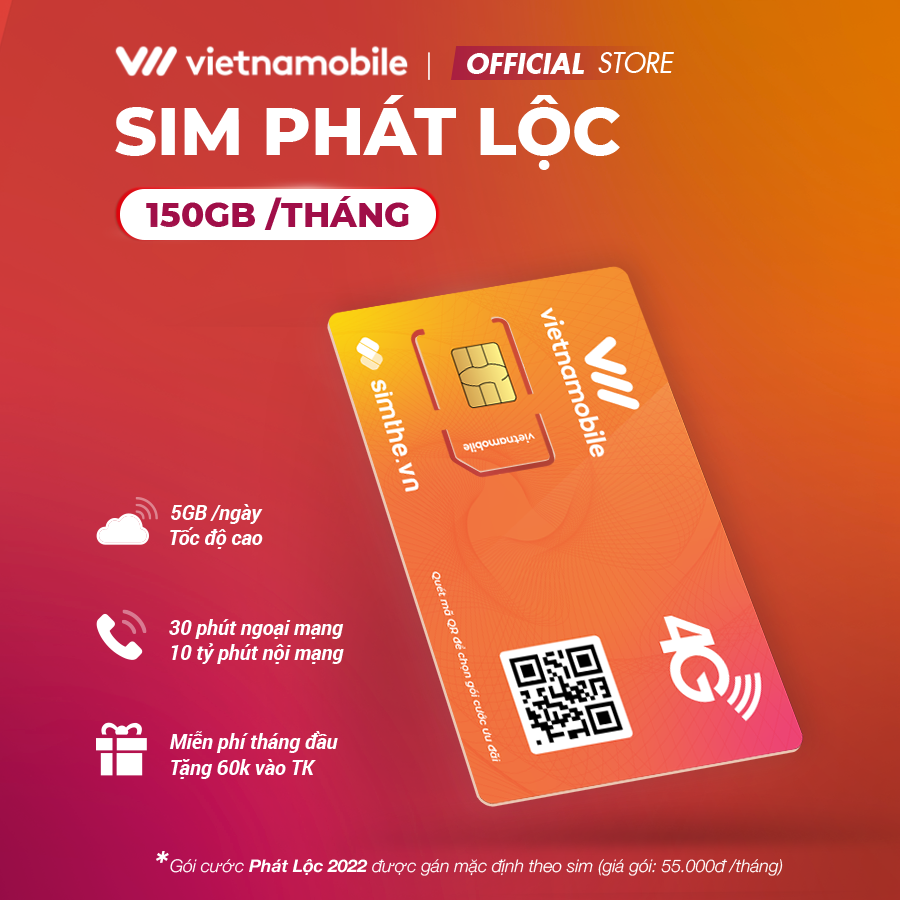 Sim 4G VIETNAMOBILE PHÁT LỘC Data 5GB/Ngày . Miễn Phí 30P Gọi Ngoại Mạng + 1 Tỷ Phút Gọi/SMS Nội Mạng. Tặng 60K TK Chính - Hàng Chính Hãng