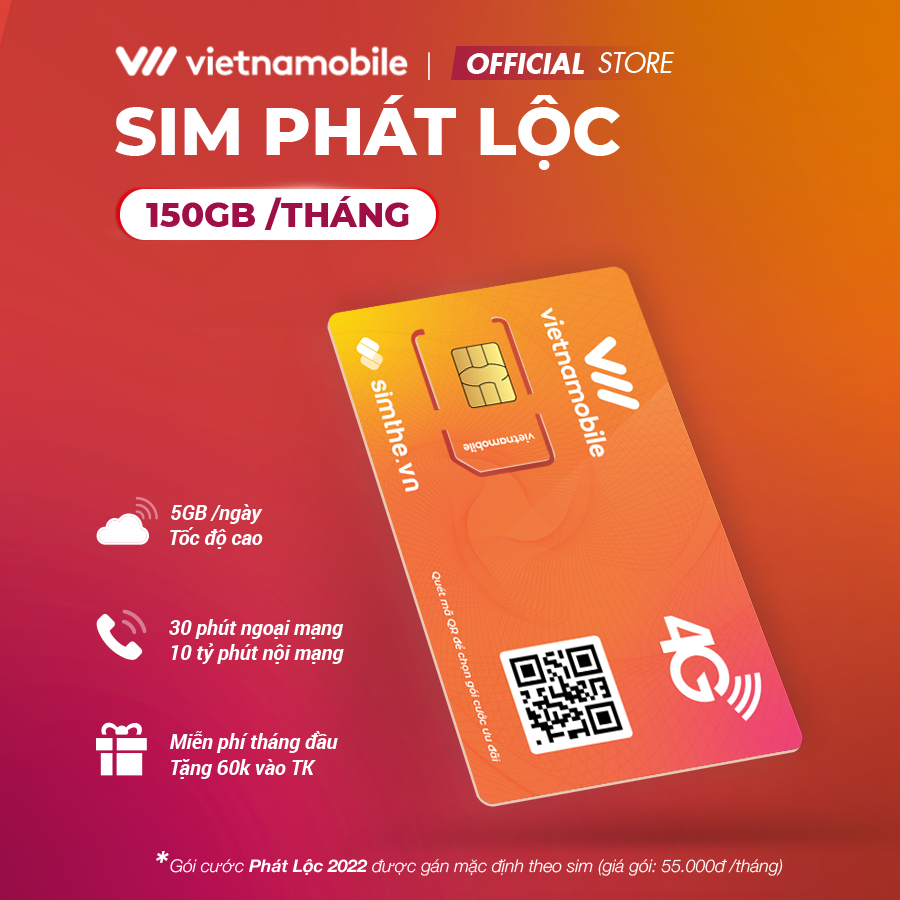 [FREE 30 Ngày] Sim 4G VIETNAMOBILE PHÁT LỘC Data 5GB/Ngày (150GB/Tháng). Miễn Phí 30P Gọi Ngoại Mạng + 1 Tỷ Phút Gọi/SMS Nội Mạng. Tặng 60K TK Chính. Chỉ Dùng Tại 20 Tỉnh Miền Nam - Hàng Chính Hãng