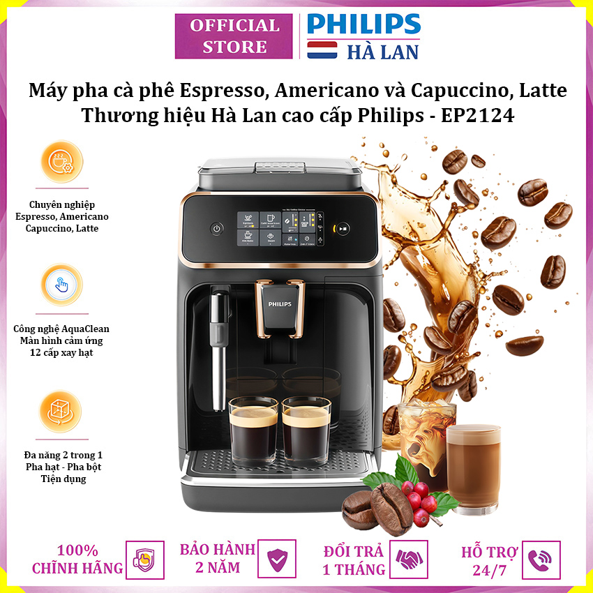 Máy pha cà phê Espresso, Americano tự động và Capuccino, Latte thương hiệu Philips EP2124/72 Serial 2200 - Hàng nhập khẩu