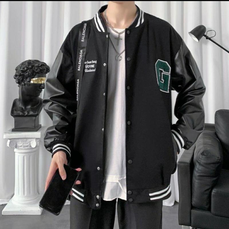 Áo Khoác Bomber Chữ G Áo Nỉ Tay Da Chữ Thêu Nam Nữ