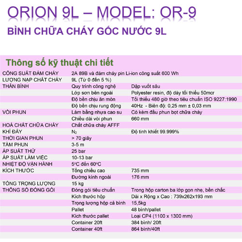 Bình chữa cháy Pin Lithium Orion 9lit Or-9 /Bình chữa cháy xe điện / Bình chữa cháy Vinafoam Orion 9lit