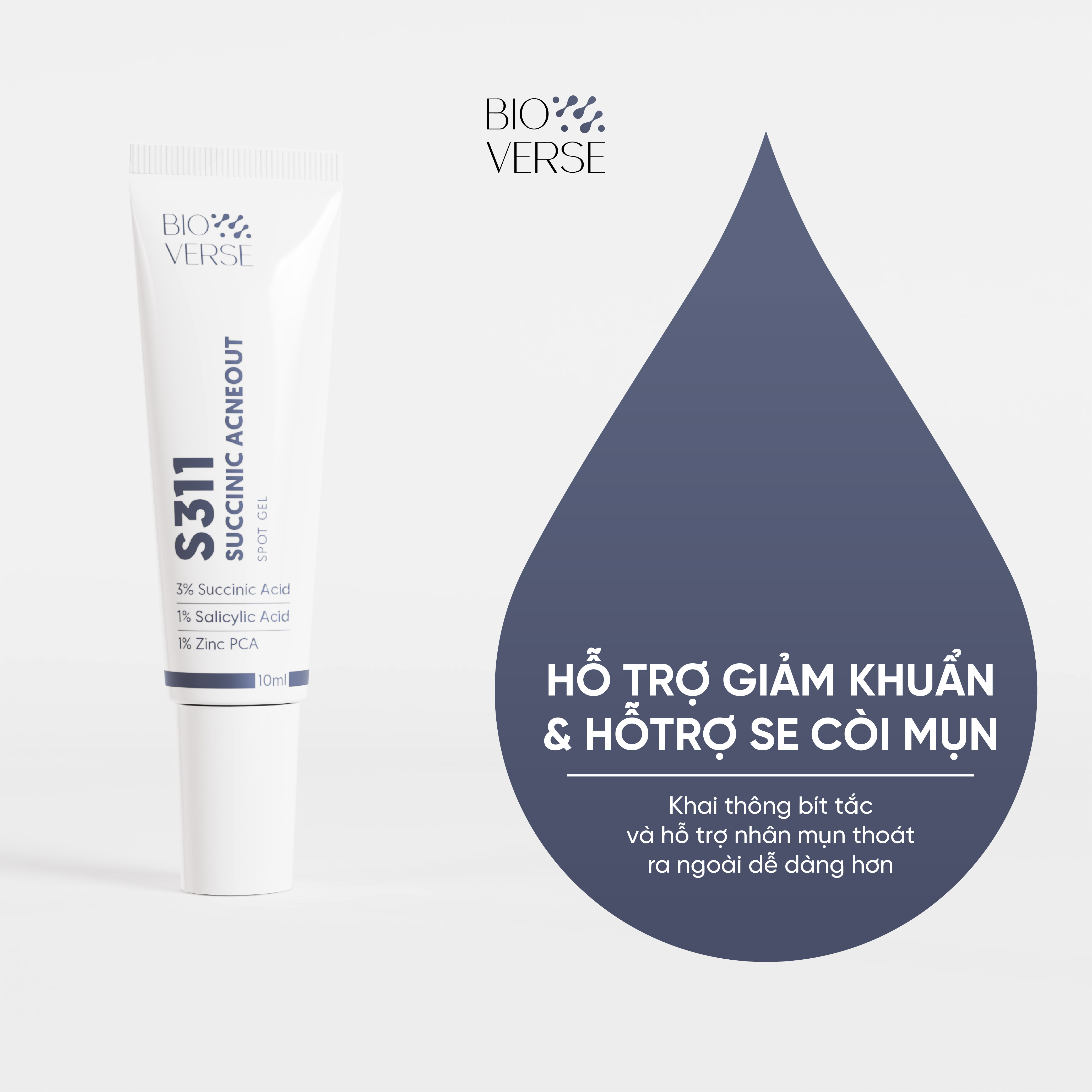 Gel chấm mụn 3% Succinic acid + 1% Salicylic Acid hỗ trợ giảm khuẩn và se còi mụn Bioverse S311 Succinic Acneout 10ml