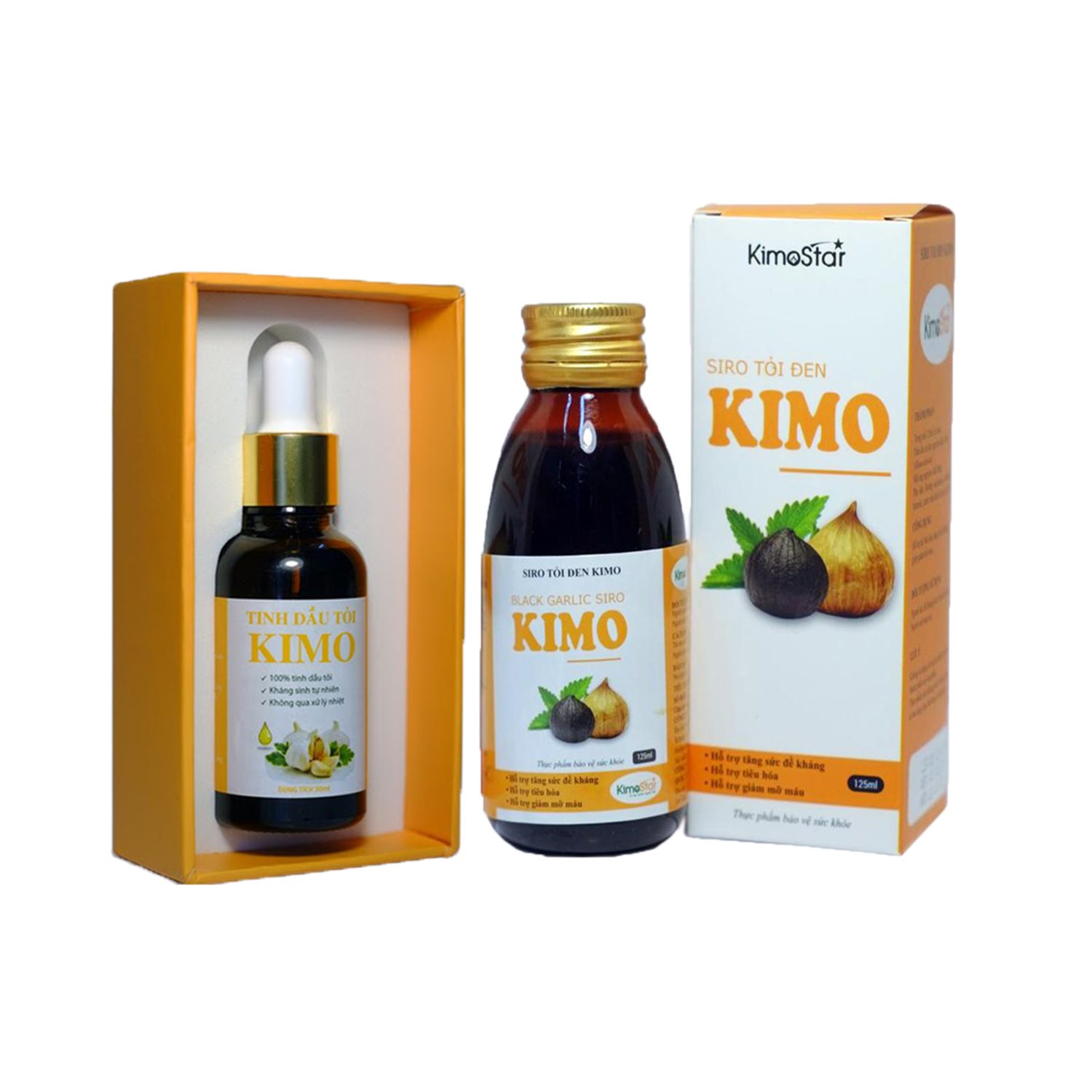 Bộ sản phẩm lọ Tinh dầu tỏi Kimo 30ml và chai Siro tỏi đen Kimo 125ml Thành phần 100% tinh dầu tỏi nguyên chất