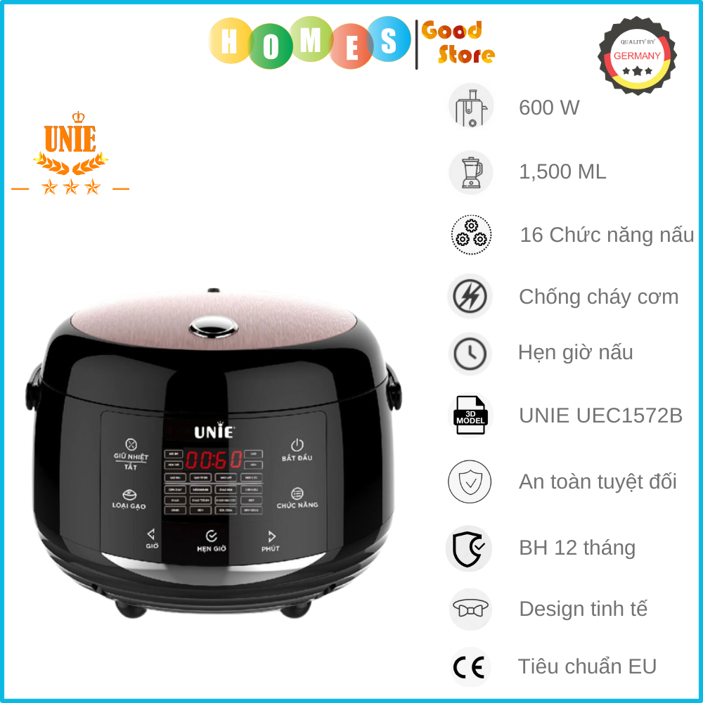 Nồi Cơm Điện Đa Năng UNIE UEC1572B Sang Trọng Tiêu Chuẩn Đức, Gồm 16 Chương Trình Nấu Dung Tích 1.5 Lít, Dùng Cho Gia Đình 3-4 Người Công Suất 600 W - Hàng Chính Hãng