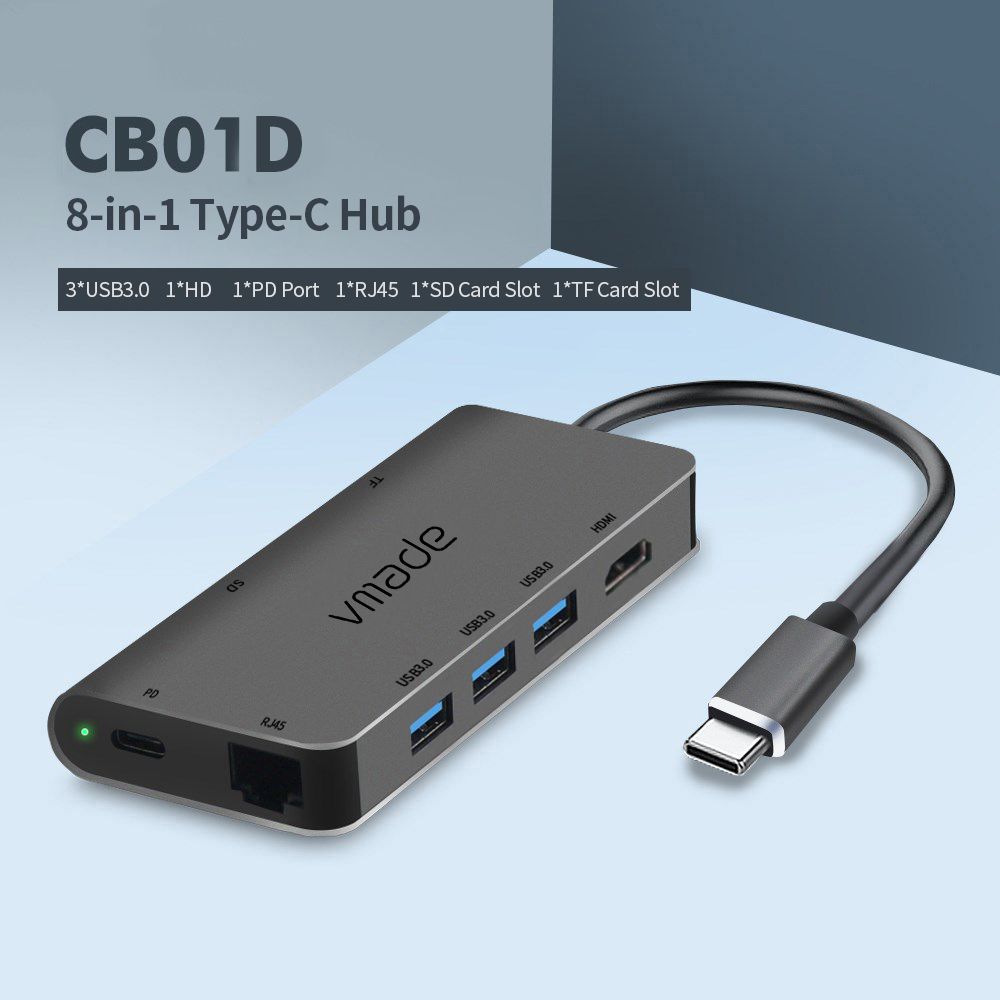 Bộ chuyển đổi 8 trong 1 bằng hợp kim nhôm loại C sang USB 3.0 với Khe cắm thẻ nhớ TF SD Cổng RJ45 Hỗ trợ PD Charging