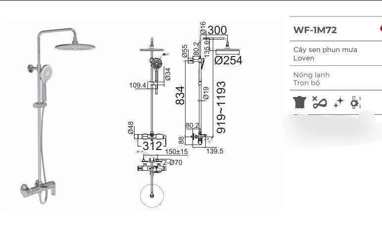 Bộ cây sen phun mưa WF-1M72(FFAS1M72) Lover - hàng chính hãng American Standard