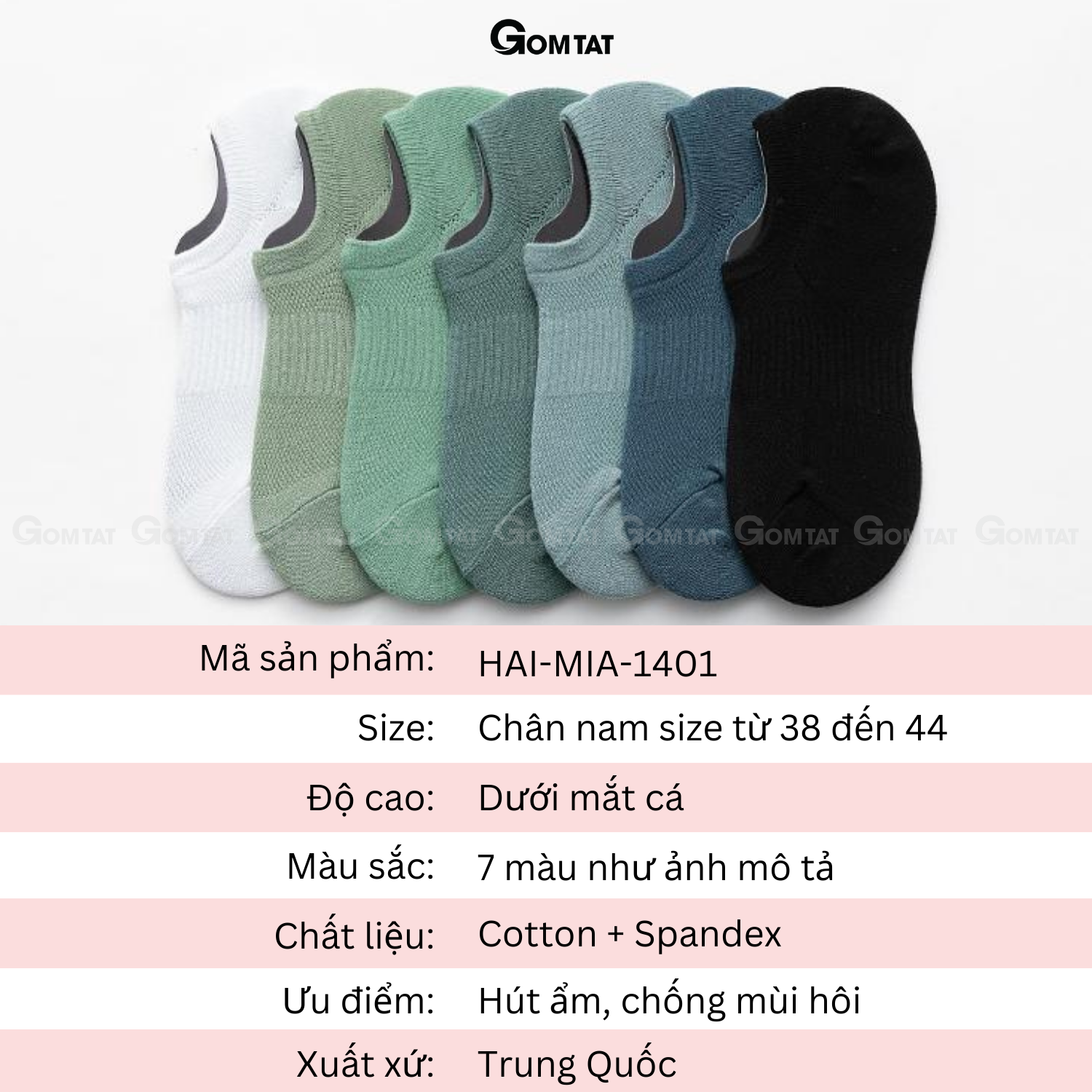 Tất vớ lười nam GOMTAT chất liệu cotton hút ẩm khử mùi, thiết kế lưới thoáng khí, có đệm cao su chống tụt gót – HAI-MIA-1401-1DOI