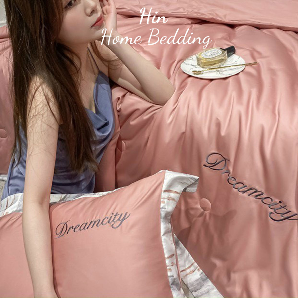 Bộ Chăn Ga Gối Đệm 5 Món Chăn Bông Hin Home Bedding Drap Giường Lụa Mẫu Hồng