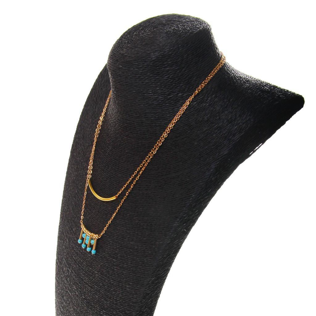 Double Layer Gold Necklace Chain With Turquoise Tube Bead Pendant Charm
