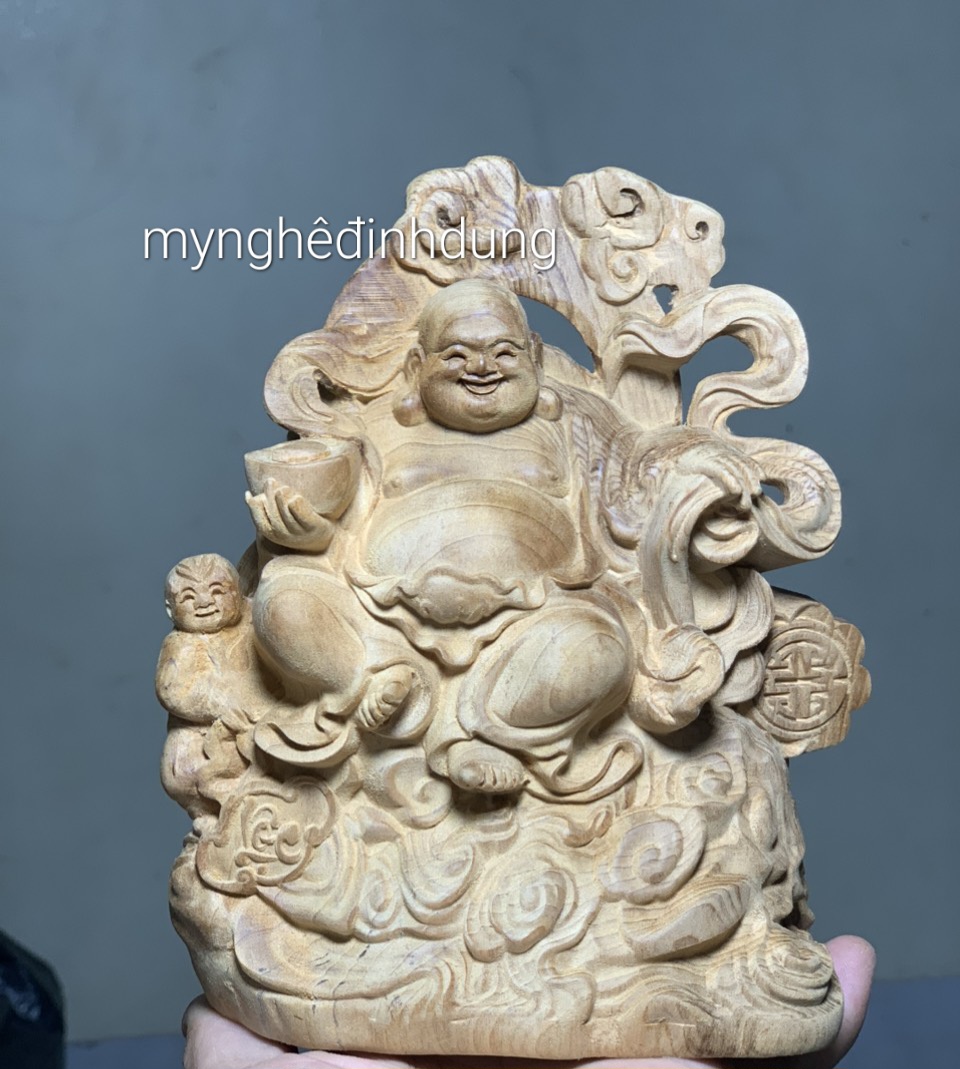 Tượng phật di lặc mini để  ô tô bàn làm việc, học bằng gỗ ngọc am thơm nức kt cao 15x12x9cm