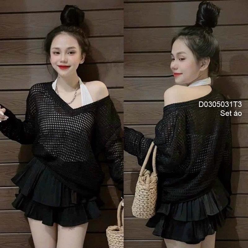 [L2M] SET (2 MÓN) áo len Montoghi kiểu YẾM MIX áo LƯỚI DÀI CỔ V thời trang sành điệu