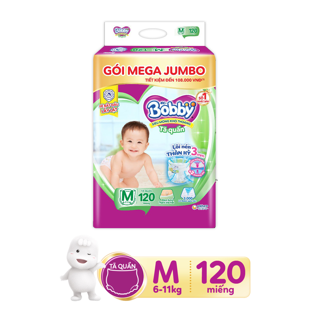 Combo Tã quần Bobby có đệm lưng thấm mồ hôi M124 và 1 Gói khăn ướt trẻ em Bobby care không hương 100 tờ