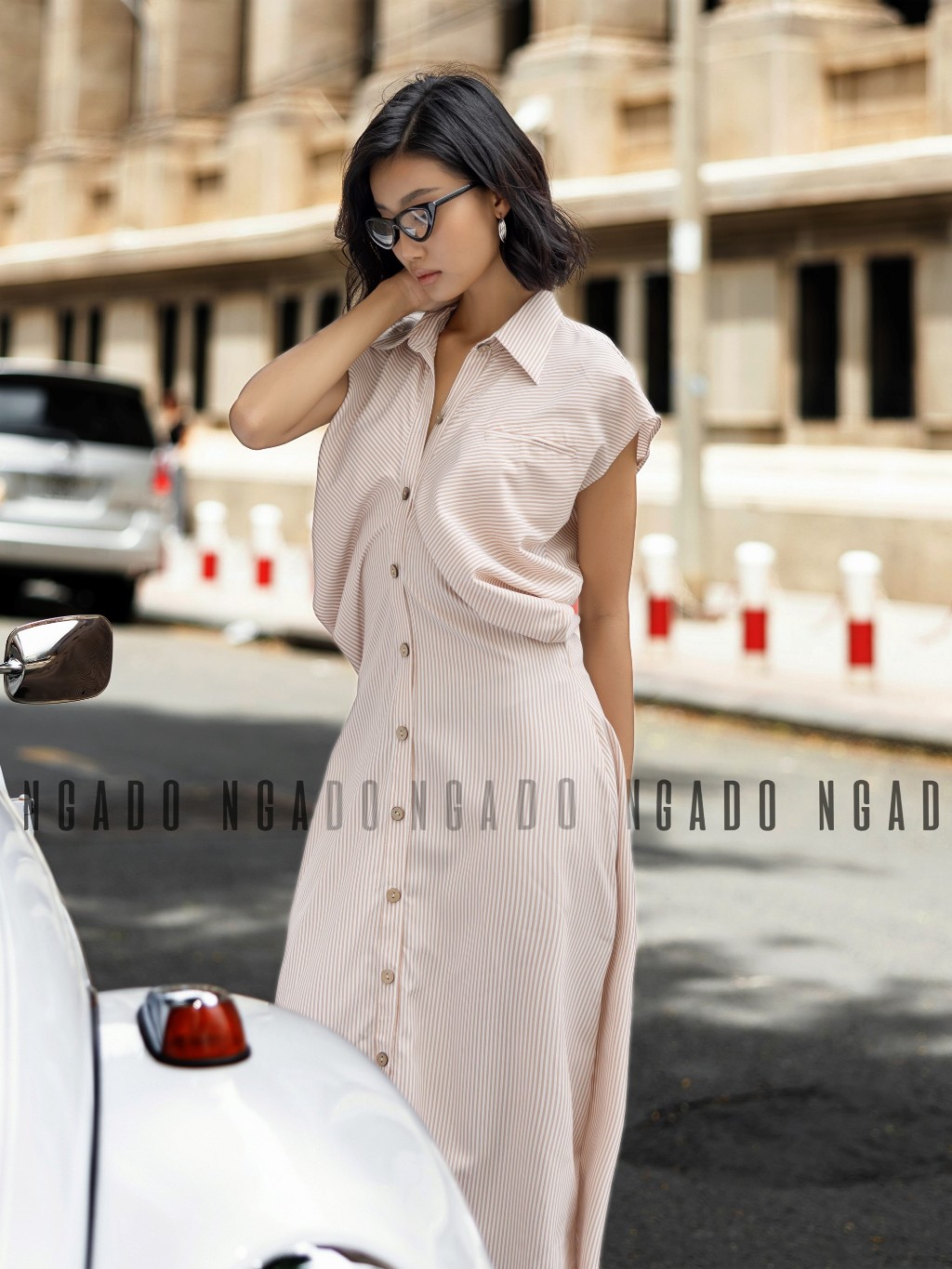 Đầm sơ mi sọc cam NGADO, Đầm suông, Đầm vintage, Đầm dạo phố thiết kế