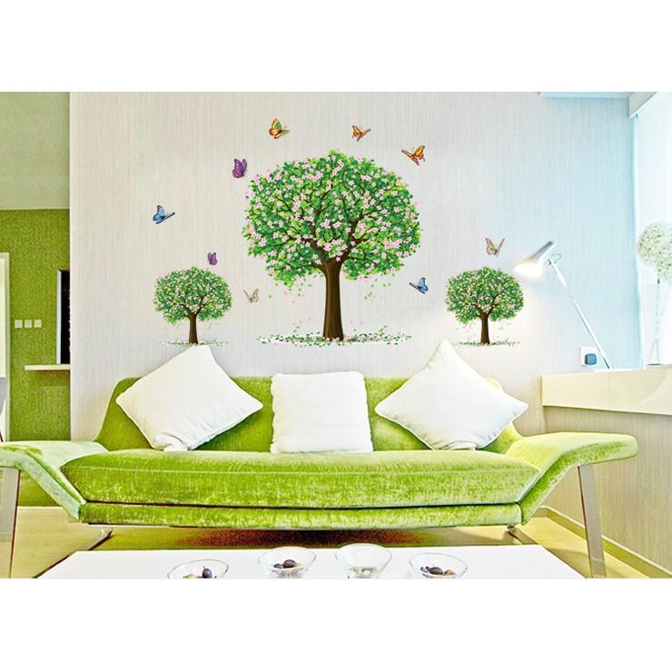Decal trang trí tường 3 thân cây lớn có Hoa cùng Bướm xinh
