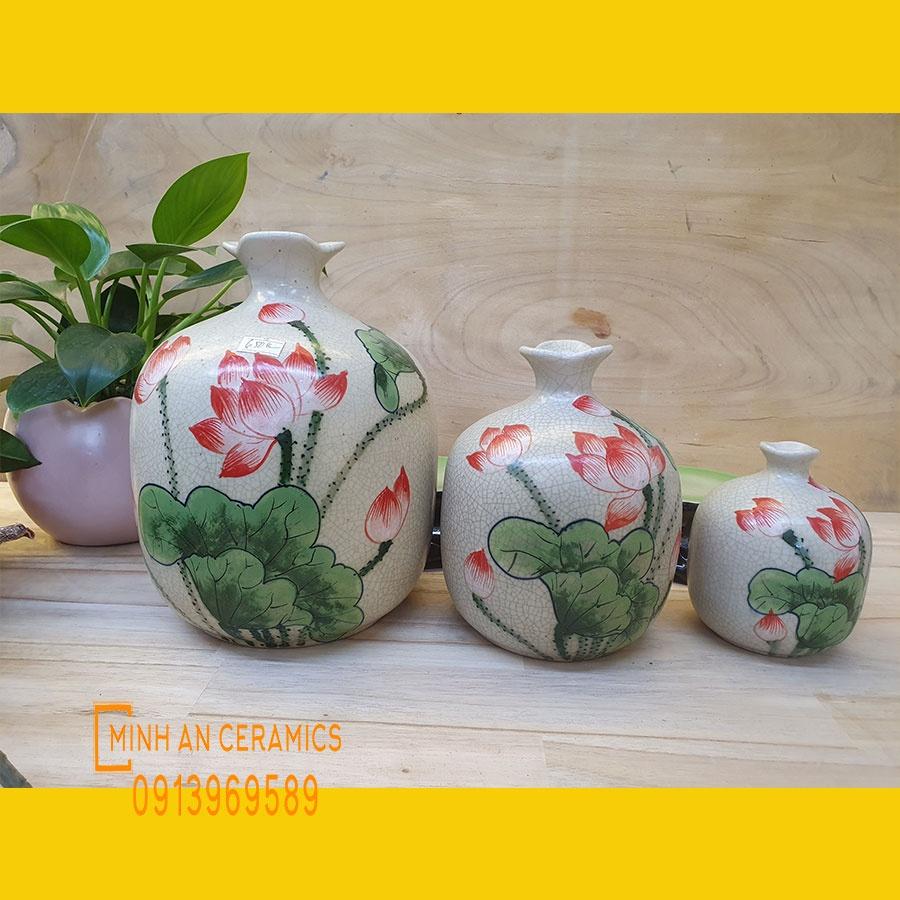 Bộ 3 vò tam giác men rạn vẽ sen hồng gốm Minh An Bát Tràng thích hợp trang trí