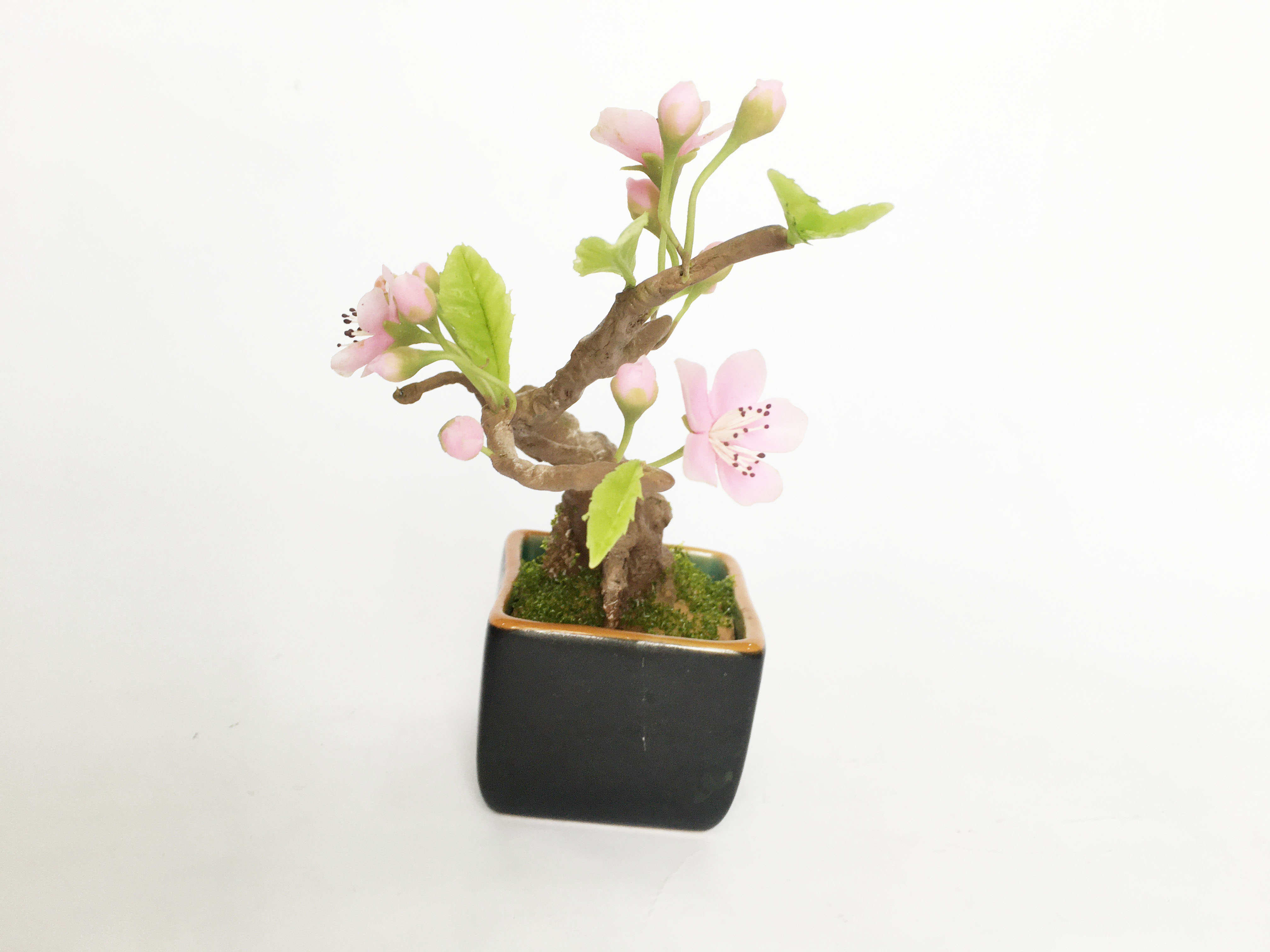 Chậu hoa đất sét mini- Bonsai hoa đào sakura - Quà tặng trang trí handmade (18x10x10cm)