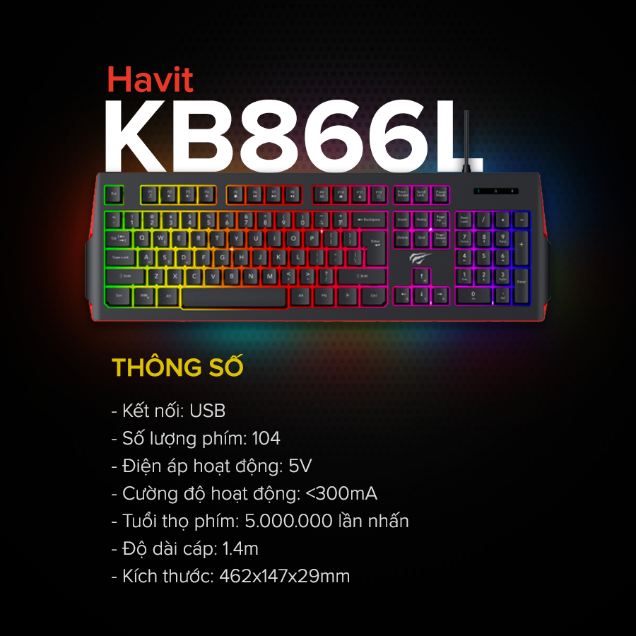 Bàn Phím Blacklit Gaming HAVIT KB866L Tích Hợp Tổ Hợp Phím Fn, Thiết Kế Công Thái Học - Hàng Chính Hãng