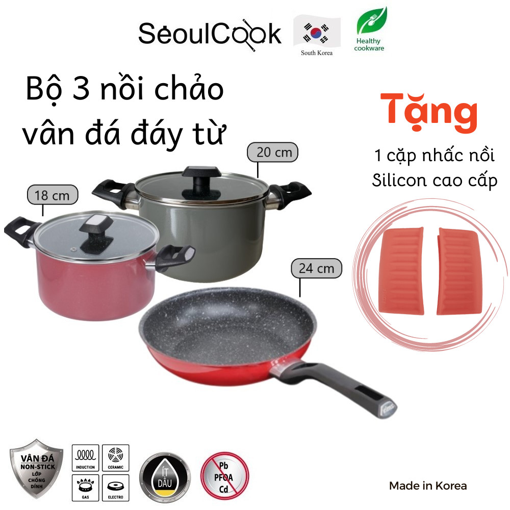 Tặng cặp nhấc nồi silicon cao cấp- Bộ nồi chảo đáy từ 3 món gồm 2 nồi 18-20cm, 1 chảo 24cm Easy Kimscook chống dính vân đá Hàn Quốc