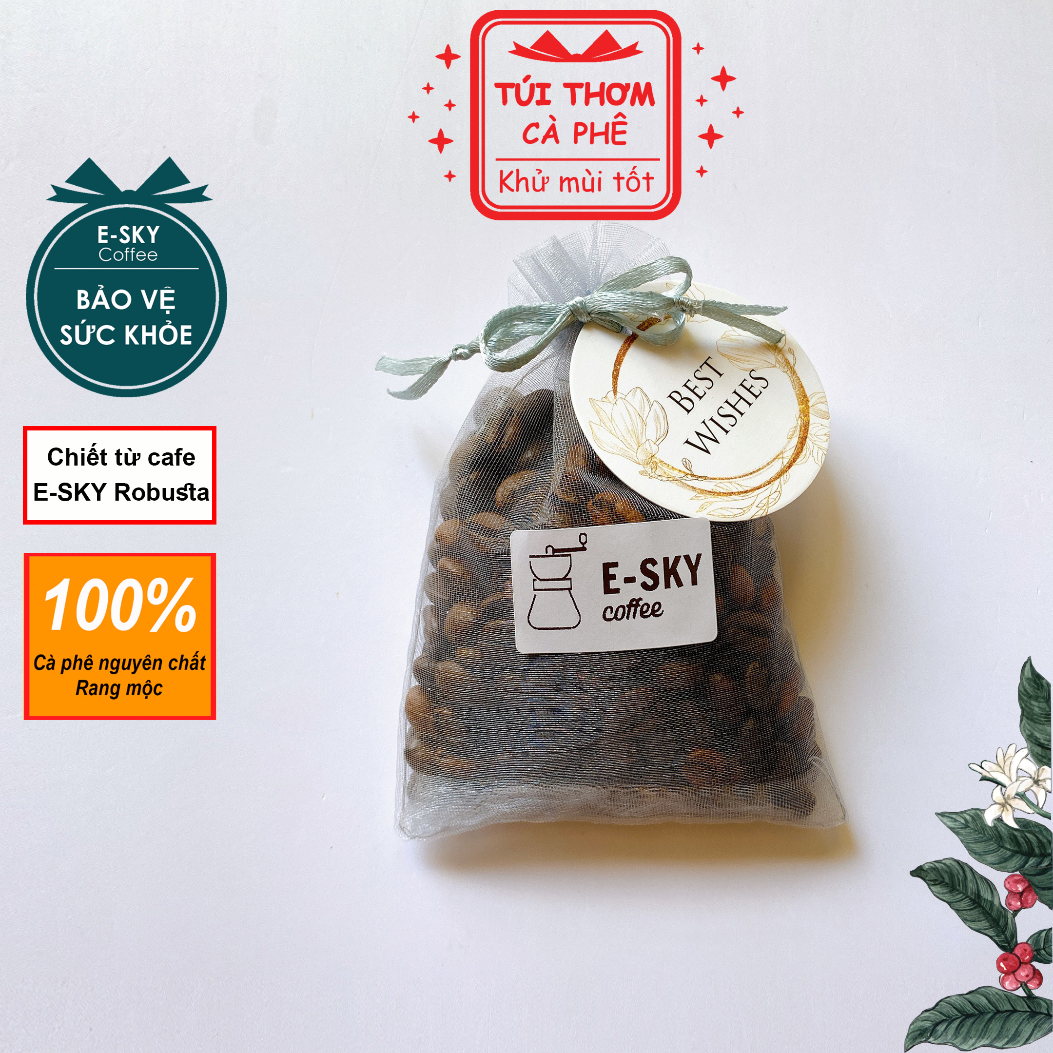 Túi Thơm Cà Phê E-SKY Coffee Khử Mùi Ô Tô, Tủ Lạnh, Tủ Quần Áo, Văn Phòng, Nhà Ở Bằng Túi Vải Voan 50gr