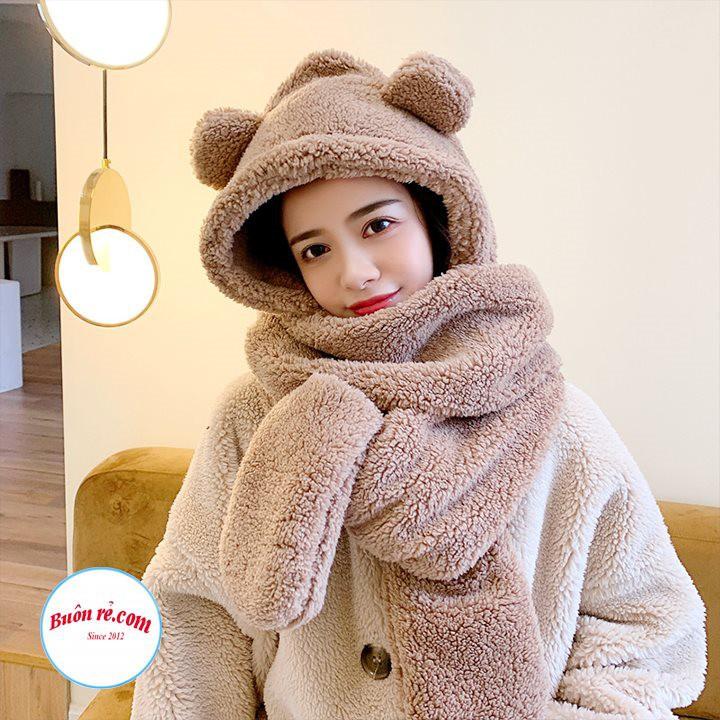 Mũ lông cừu kèm khăn quàng cổ và bao tay giữ ấm 3 trong 1 cho mùa đông - Mũ lông cừu tai gấu đáng yêu hot trend 01484