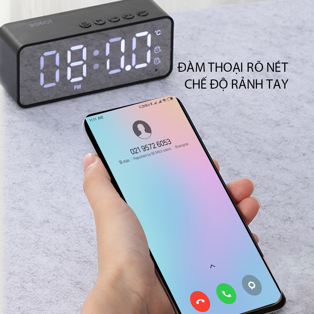 Loa Bluetooth 5.0 màn hình LED kiêm đồng hồ báo thức và kính tráng gương công suất lớn hỗ trợ thẻ nhớ-ROBOT RB150, hàng nhập khẩu