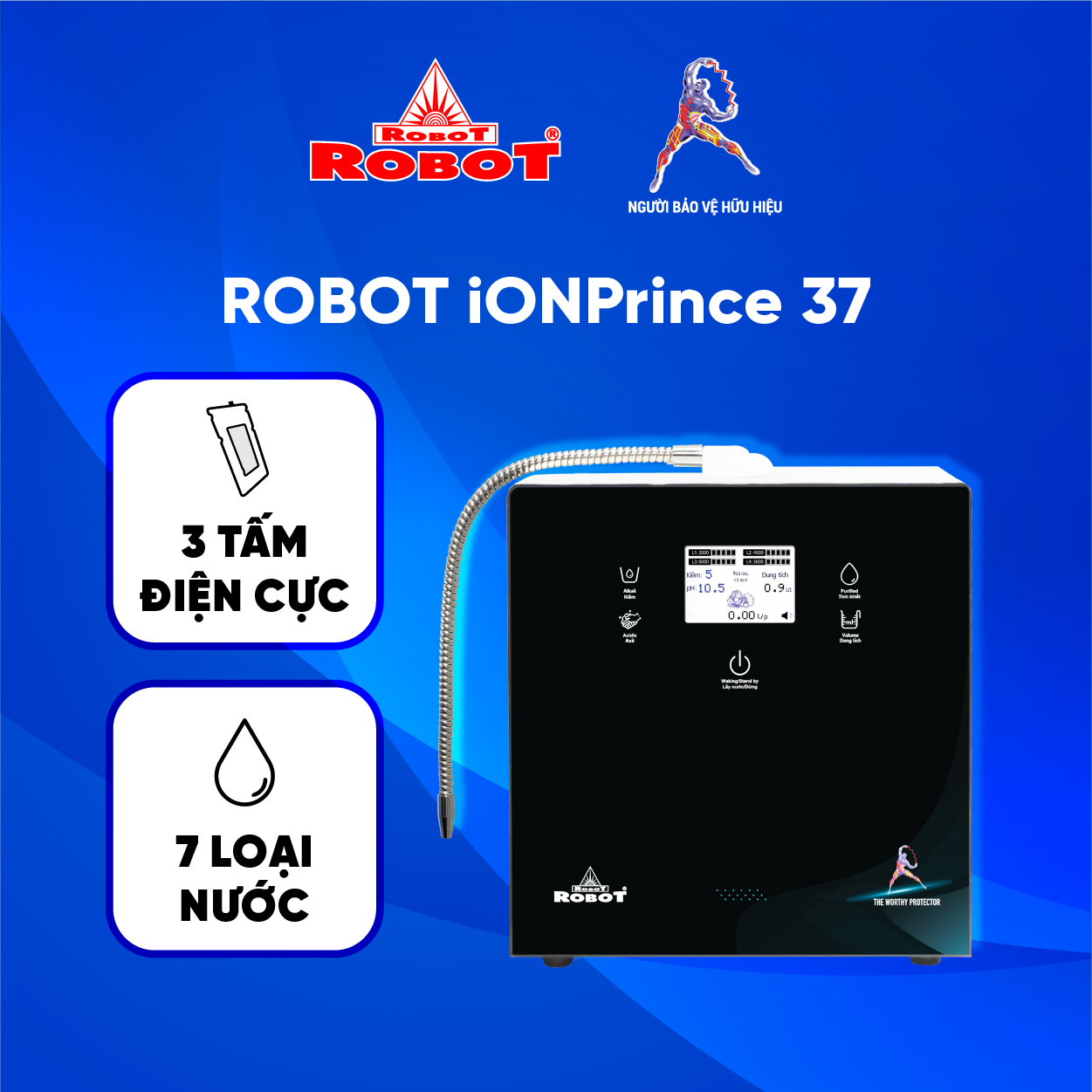 Máy Lọc Nước Điện Giải Ion Kiềm ROBOT IonPrince 37 - Bộ Điện Phân Korea Với 3 Tấm Điện Cực Titanium - Hàng Chính Hãng