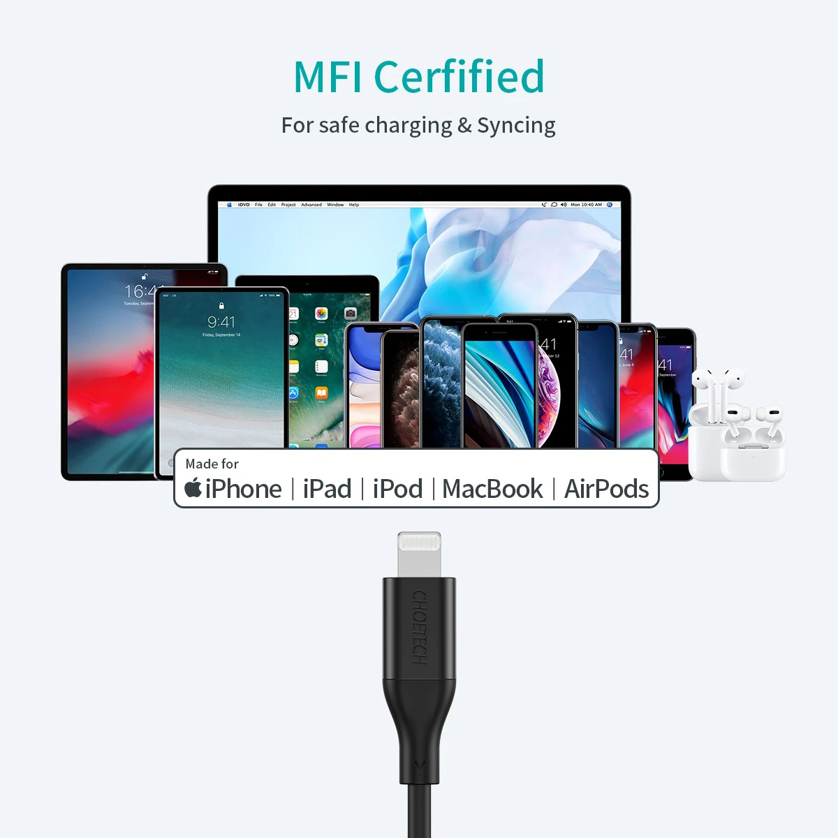 Dây cáp sạc MFI sạc nhanh 30W chuẩn PD 3.0 Type-C / USB C to đầu sạc cho iPhone / iPad hiệu CHOETECH IP0040 dài 120cm - hàng chính hãng