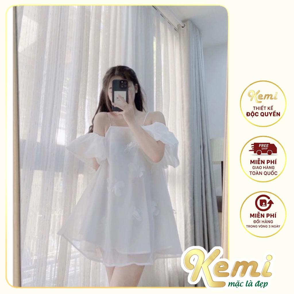 Váy 2 dây tơ hồng đính hoa tay phồng rớt vai dáng tiểu thư 3 màu hồng đen trắng