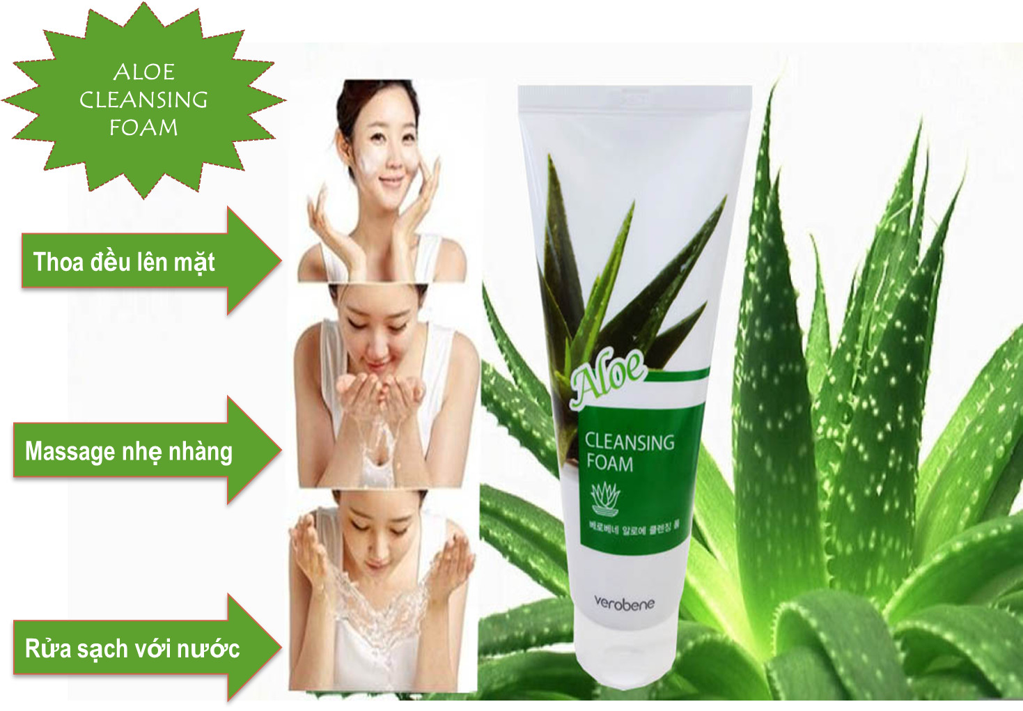 Sữa rửa mặt sạch nhờn lô hội Verobene Aloe  Hàn quốc (150ml) và 1 nơ