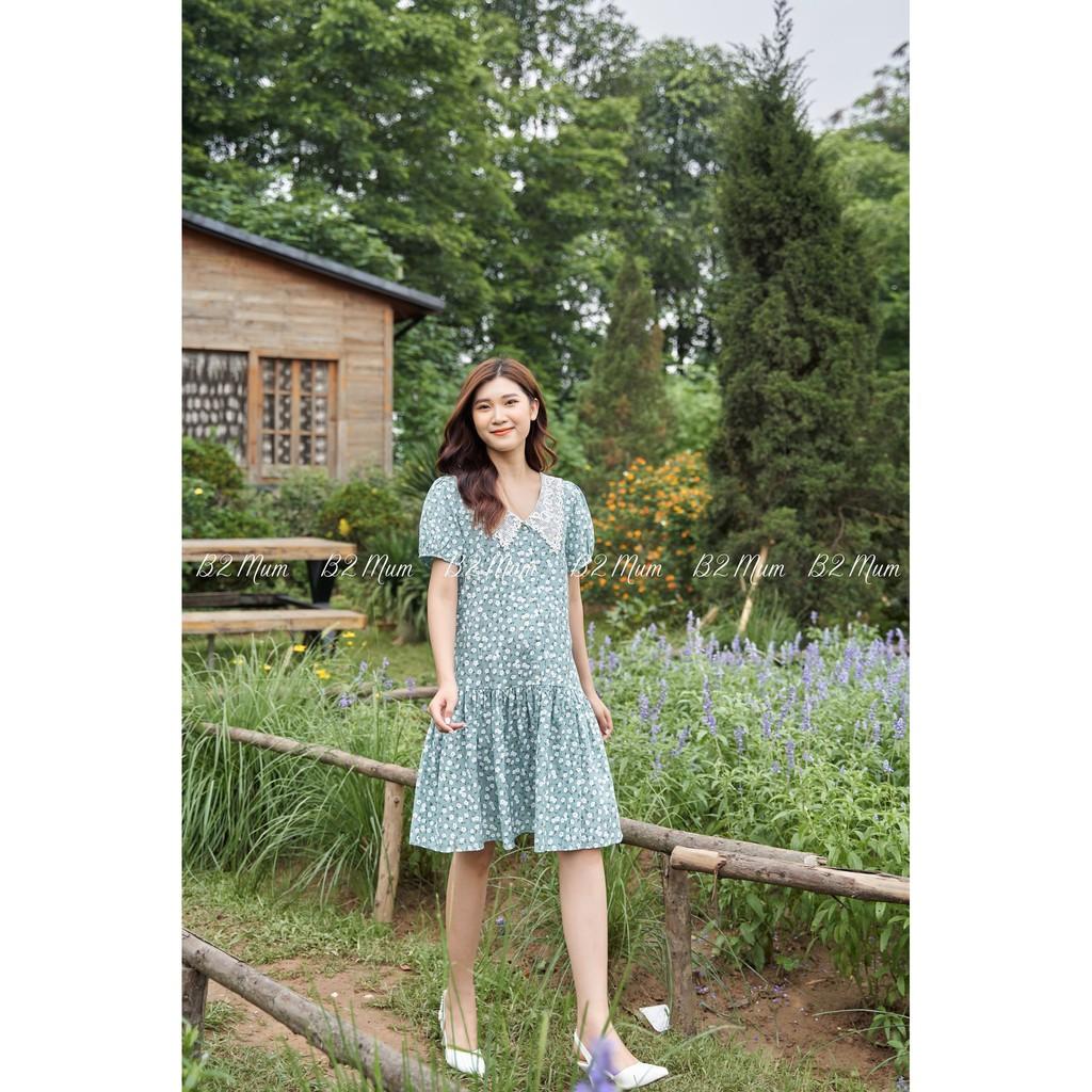 V427 Váy tằm hoa xanh cổ ren