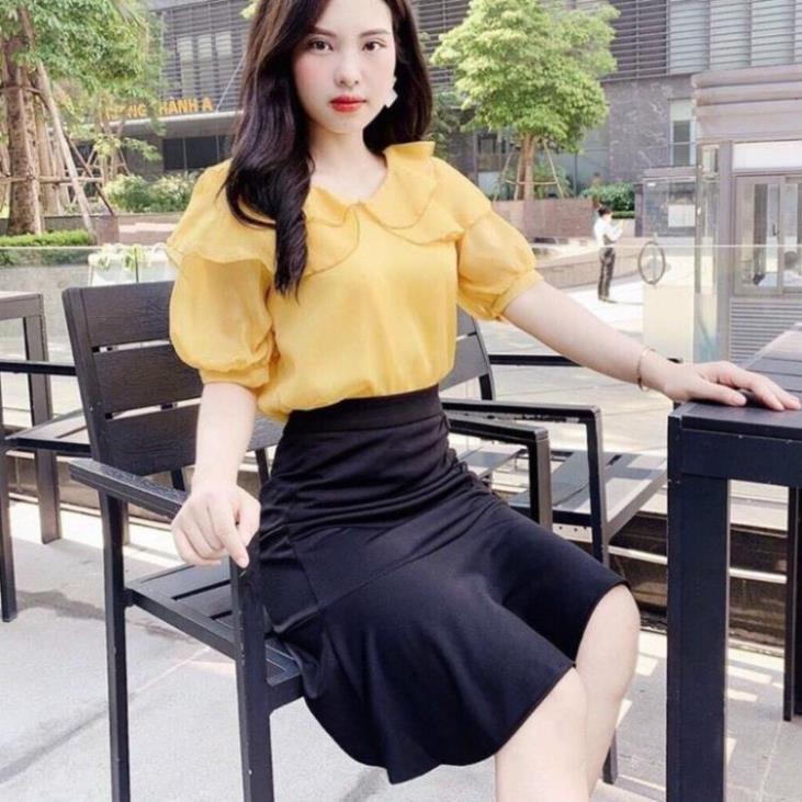 TBO-Set Áo Lụa Cổ Bèo &amp; Chân Váy Umi Nhún (Kèm Video Hình Thật) thời trang công sở TASA