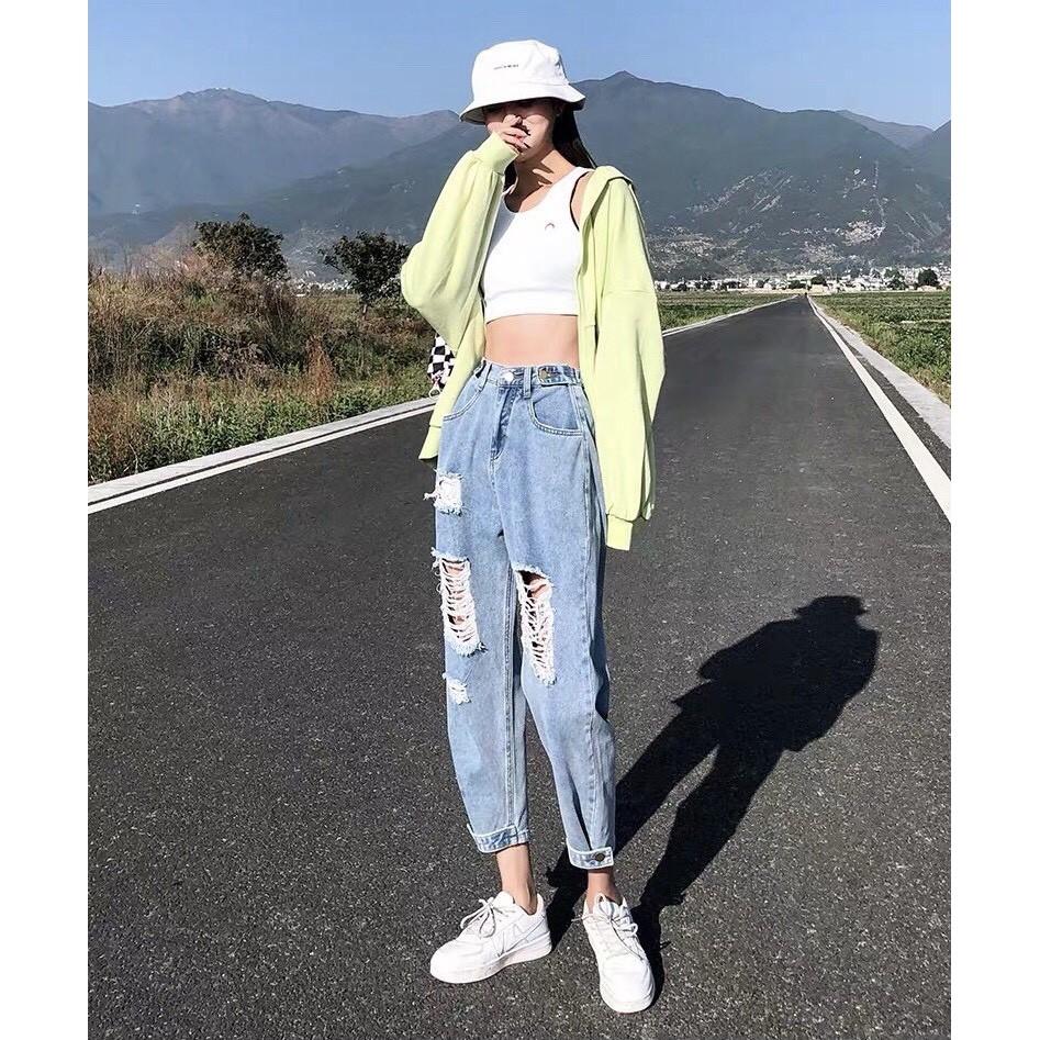 Quần jean nữ baggy lưng cao, quần bò baggy rách độc đáo có bigsize JB08