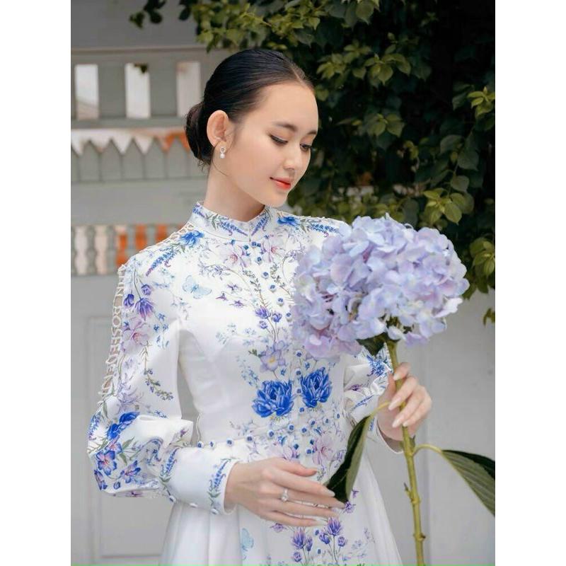 ĐẦM LỤA HOA CỔ TRỤ TAY DÀI
