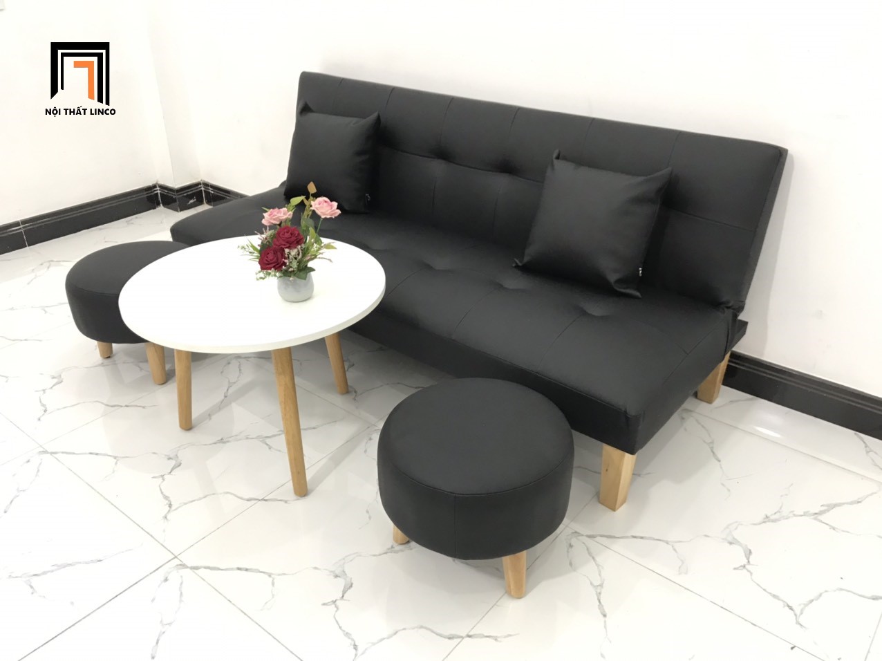 Bộ ghế sofa giường đa năng màu đen simili giả da nhiều kích cỡ