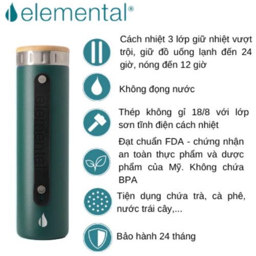 Bình giữ nhiệt Elemental Iconic màu xanh lá 590ml, giữ nhiệt vượt trội, inox 304, FDA Hoa Kì, An toàn sức khỏe, có lưới lọc