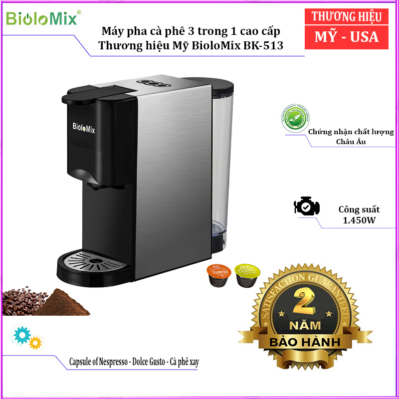 Máy pha cà phê 3 trong 1 BioloMix BK-513 áp suất 19 bar, dung tích 1.6L, công suất 1450W, dùng cho cafe viên nén và cafe xay- Hàng chính hãng