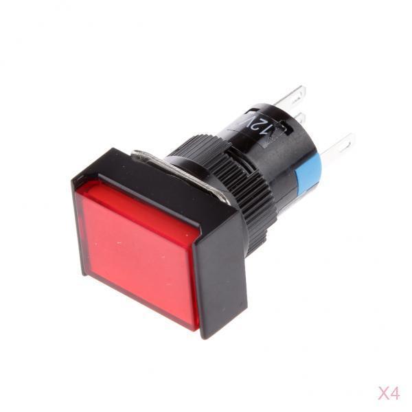 4xDC 12V SPDT Momentary Square Push Button Switch 16mm with Red LED Light
