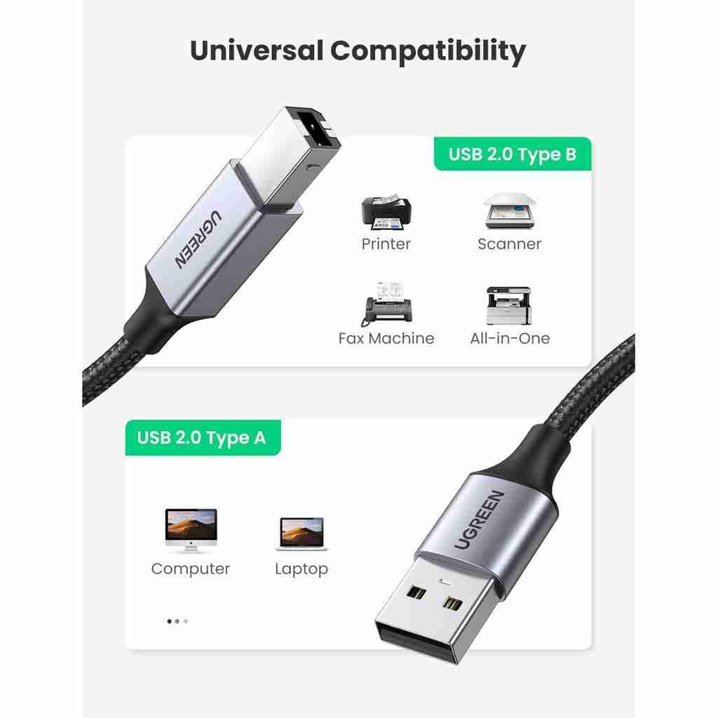 Ugreen UG80802US369TK 1.5M Đầu Nhôm vỏ bện Cáp máy in usb A ra B dây chống nhiễu - HÀNG CHÍNH HÃNG