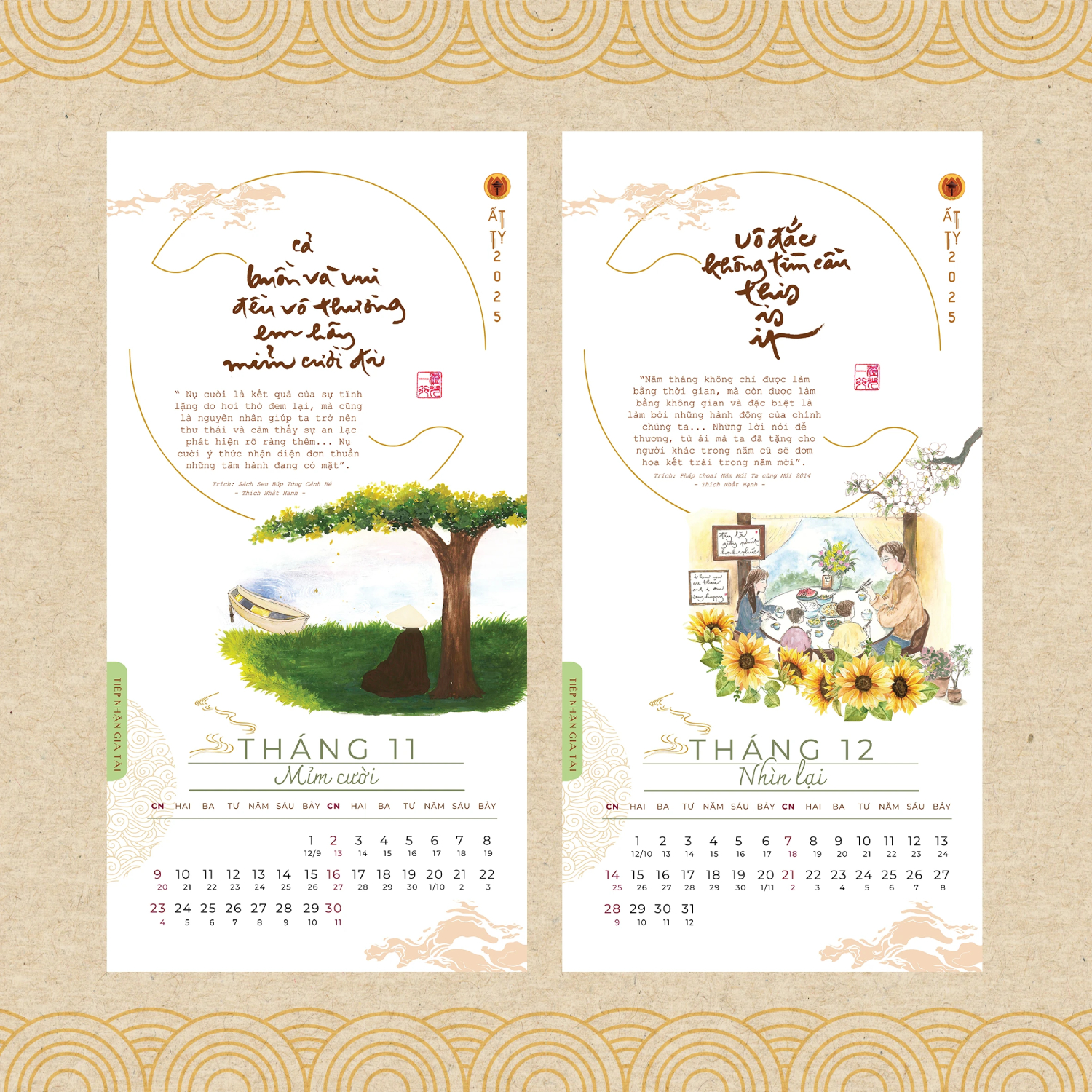 Lịch Treo Tường Thư Pháp Làng Mai 2025 - Ý Thức Em Mặt Trời Tỏ Rạng - THA