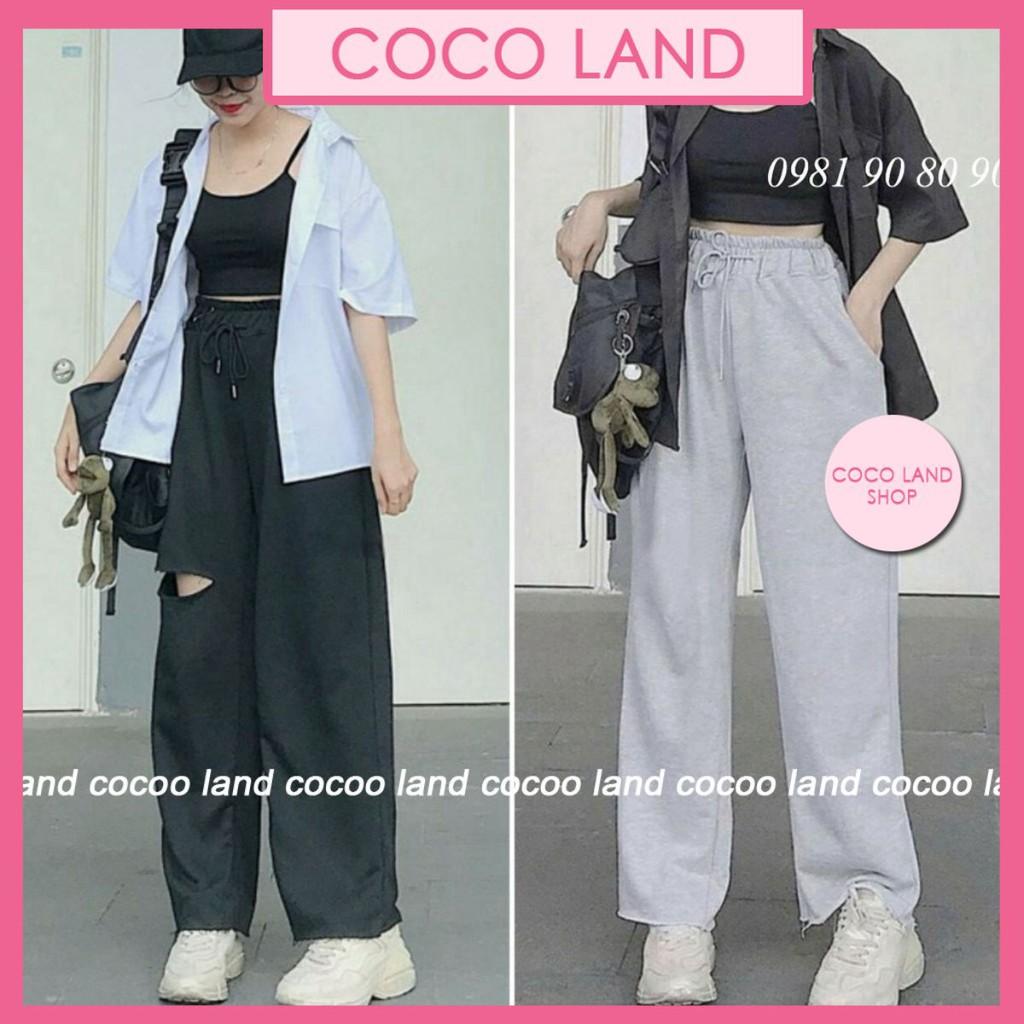 quần ống rộng nỉ cotton nữ cạp chun lai tưa chất da cá dáng suông coco land ulzzang