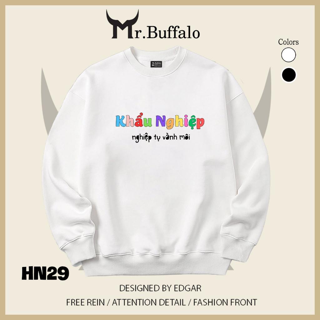 Áo sweater thu đông form rộng in hình hài hước "Khẩu Nghiệp" Mr.buffalo - [HN29] Áo Trắng
