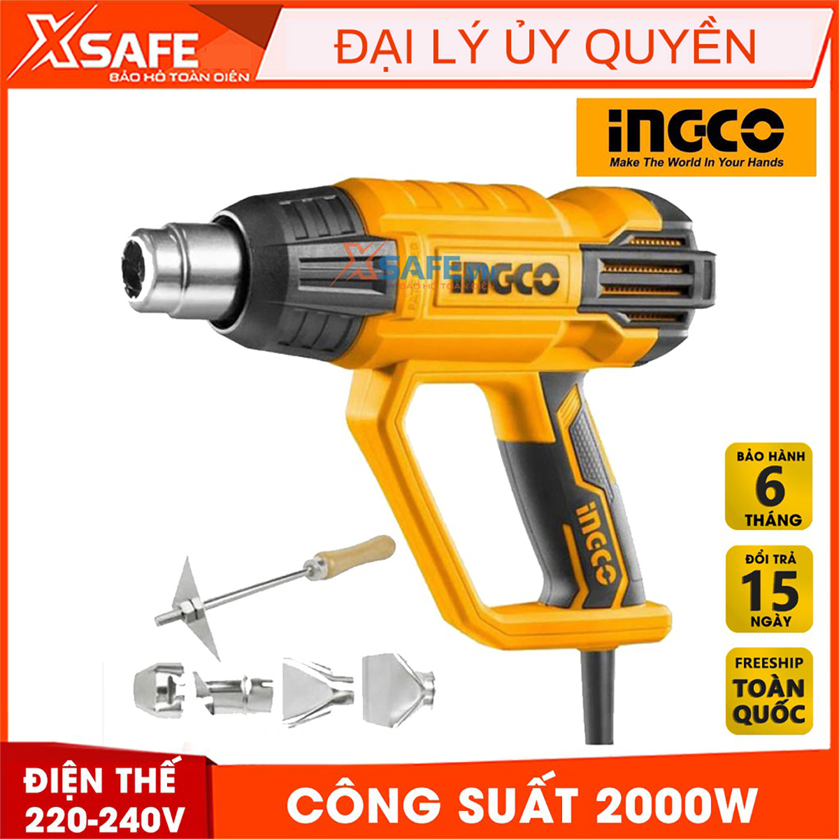 Máy khò INGCO HG20008 Công suất 2000W Tặng kèm 5 món 1 cây nạo/cào và 4 miệng vòi, Máy thổi nhiệt 350°C/550°C