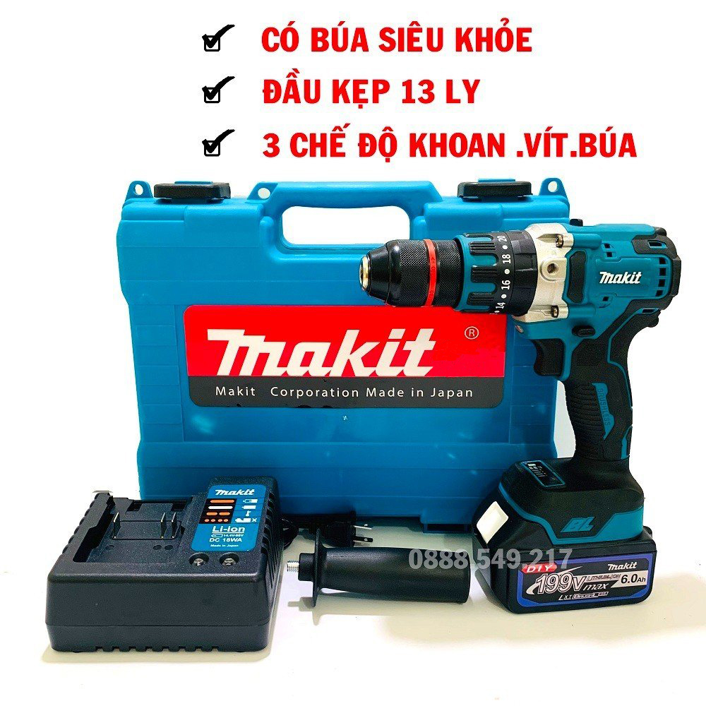 Khoan Pin Chuyên Dụng 199V AutoLock 13 Ly Pin 10 CELL Không Chổi Than Có Búa - Chuyên Khoan, Bắt Vít, Bắn tôn Cực Khỏe