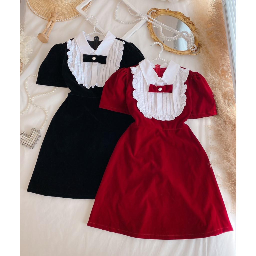 Váy đầm nữ mini dáng xòe cổ bẻ phối bèo đính nơ xinh xắn cực hót