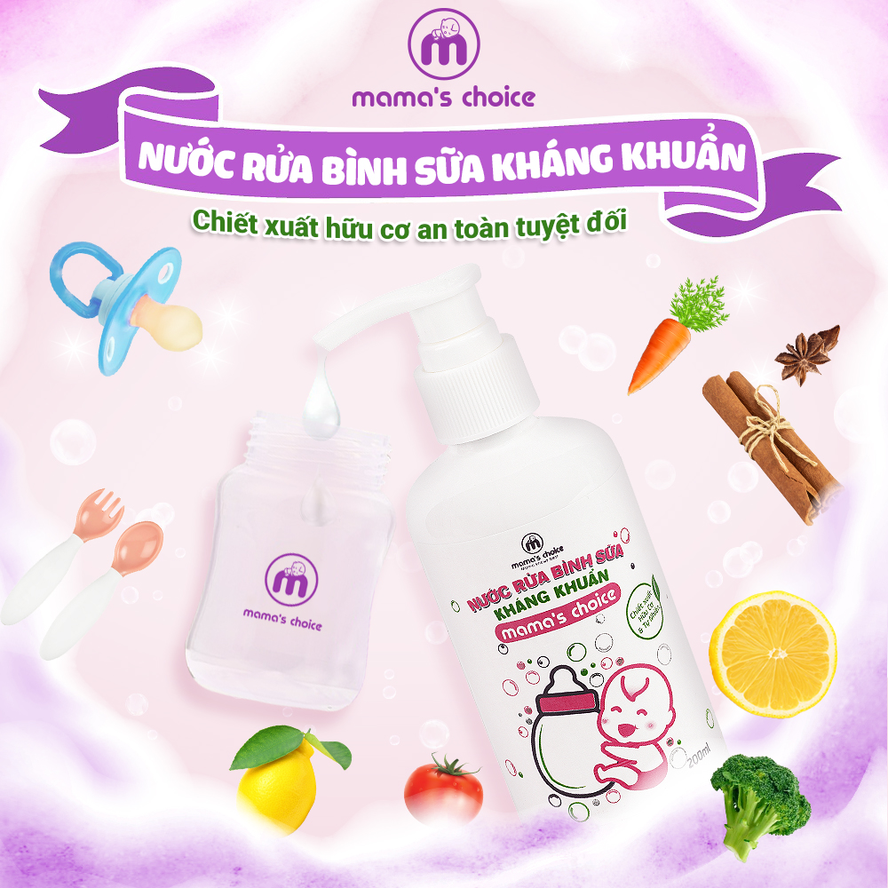 Nước Rửa Bình Sữa Mama's Choice (200ml), Chiết Xuất Hữu Cơ An Toàn Tuyệt Đối Cho Trẻ Sơ Sinh, Mềm Mại Với Da Tay